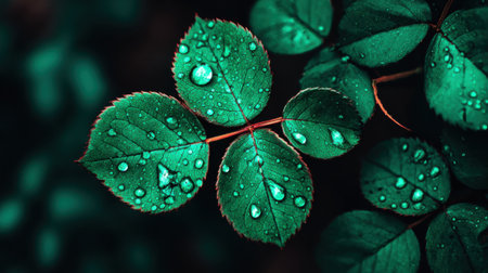 A macro photograph capturing the intricate details of fresh water droplets resting on dark green leaves, creating a serene and moody natural background.の素材