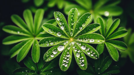 Macro photo of fresh green lupine leaves covered in clear water drops. The dark, blurred background highlights the plants vibrant color and the beauty of nature after rain.の素材