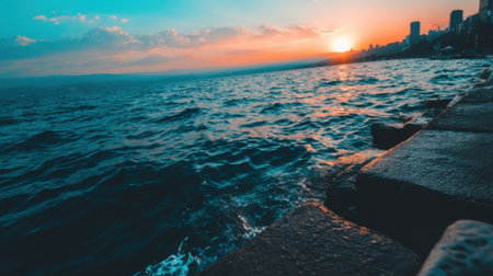 Vibrant sunset over a dark, choppy ocean with the sun on the horizon. A city skyline is silhouetted in the distance, viewed from a rocky stone pier.の素材