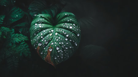Close up view of a wet tropical plant leaf after a rain shower. The fresh dew drops reflect light against the dark lush foliage. Natural background with copy space.の素材