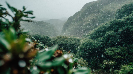 Overcast day with light rain falling on a verdant mountain range. The focus is on the lush trees covering the hills, with a soft focus on foliage in the foreground.の素材