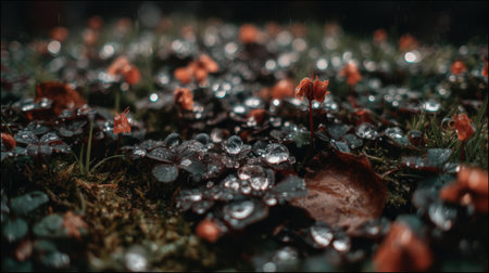 A moody macro photograph of sparkling water droplets resting on dark moss and tiny orange plants. The shallow depth of field creates a beautiful, abstract bokeh effect.の素材