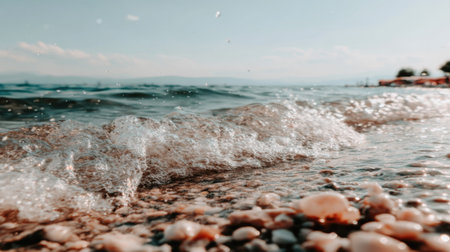 A close up, low angle shot of a transparent sea wave breaking on a beach covered with smooth, wet pebbles and shells. The distant coastline is visible under a clear sky.の素材