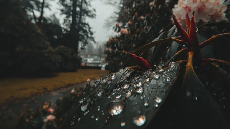 A moody macro photograph focusing on clear water droplets on a plants leaf. The background is a soft-focus blur of trees and a pink flower, creating a calm and fresh natural scene.の素材
