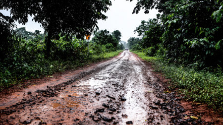 An impassable dirt road full of mud and puddles after rain. This remote path leads through a dense forest, highlighting poor infrastructure and travel challenges.の素材