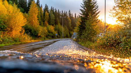 A low-angle perspective of a rural road covered in water, reflecting the warm glow of a sunrise. The scene is set in a dense forest with colorful autumn foliage.の素材