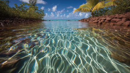 A stunning over-under photograph of a tranquil tropical paradise. Above, a blue sky and lush islands. Below, crystal-clear turquoise water with beautiful sunlight caustics.の素材