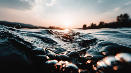 A dramatic low angle view of dark water with ripples and bubbles in the foreground. The setting sun creates a golden glow on the horizon and reflects on the water surface.の素材