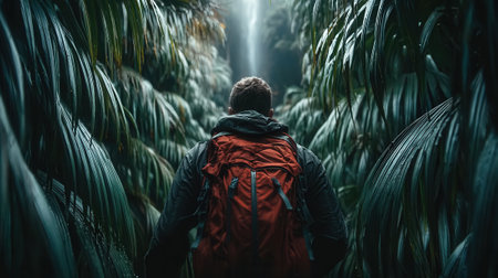 Rear view of a person with a backpack navigating a narrow trail surrounded by towering green palm leaves in a dark atmospheric forest with a single ray of light ahead.の素材