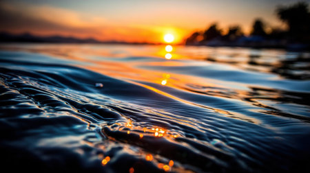 A stunning shot of water ripples at sunset. The low angle captures the texture of the waves reflecting the warm, golden light of the setting sun, creating a peaceful and serene scene.の素材
