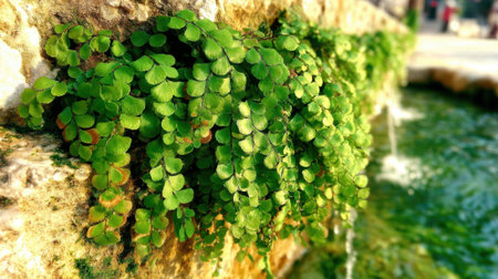 A close-up shot of vibrant green maidenhair spleenwort, a type of fern, clinging to a textured rock surface with blurred water in the background creating a serene natural scene.の素材