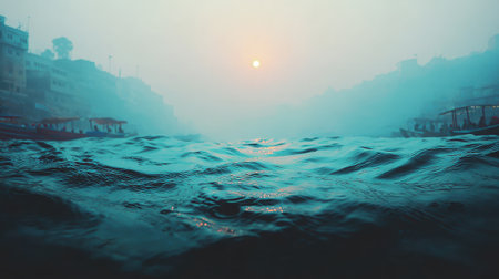 A dramatic view from the surface of a choppy, turquoise sea. In the distance, rugged cliffs are enveloped in a thick fog, with a pale sun faintly glowing in the hazy sky.の素材