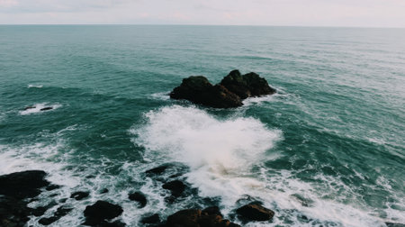 An aerial view of a large white wave exploding against a dark rock in a turbulent green sea under a grey, overcast sky. A powerful and dramatic natural landscape.の素材