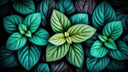 A close up overhead view of fresh mint or spearmint leaves. The vibrant green and teal foliage has detailed texture and veins, creating a natural, fresh, and healthy background.の素材