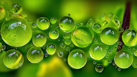 A detailed close-up shot of glistening spherical water droplets resting on a lush green plant. The dewdrops reflect the natural background, creating a fresh and serene abstract pattern.の素材