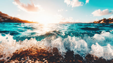 A stunning seascape at sunrise or sunset. The suns golden light reflects on the turquoise water as powerful waves crash and foam over coastal rocks, creating a dynamic scene.の素材