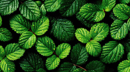 A detailed macro top-down view of vibrant green strawberry plant leaves covered in tiny water droplets, creating a fresh, natural, and textured background.の素材