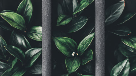Moody and atmospheric view of lush green foliage behind dark grey bars. A conceptual image representing confinement, nature, resilience, and hope.の素材
