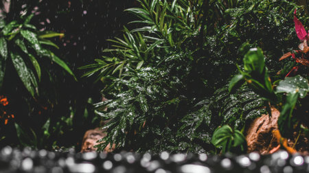 A close up view of various green plants and leaves in a dark, atmospheric setting. Sunlight highlights the textures, with a beautiful abstract bokeh effect in the foreground.の素材