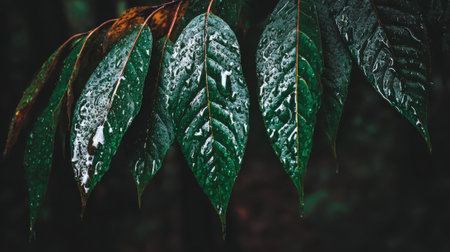 A close-up macro shot of vibrant wet leaves in a dark atmospheric forest. Raindrops cling to the textured surface highlighting the deep green color and natural beauty.の素材