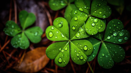 A detailed macro photograph of a vibrant four-leaf clover covered in glistening water droplets. The dark, moody background highlights the plants fresh, lucky symbolism.の素材