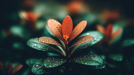 A beautiful close-up shot of a small, delicate plant with orange and green leaves adorned with sparkling water droplets. The dark, blurred background creates a moody and atmospheric feel.の素材