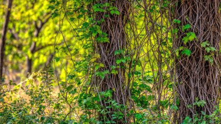 A detailed close-up of vibrant green vines wrapping around a textured tree trunk. The background shows a sun-drenched forest with a beautiful bokeh effect and soft light.の素材