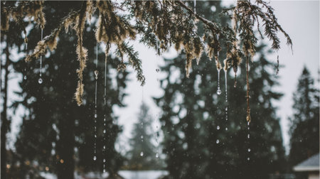 Macro view of melting ice forming droplets on a conifer bough. A soft focus background of evergreen trees creates a peaceful, natural atmosphere.の素材