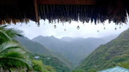 View from under a straw roof as rain falls, revealing a breathtaking panorama of verdant, mist-covered mountains and a deep valley. A serene and peaceful nature scene.の素材
