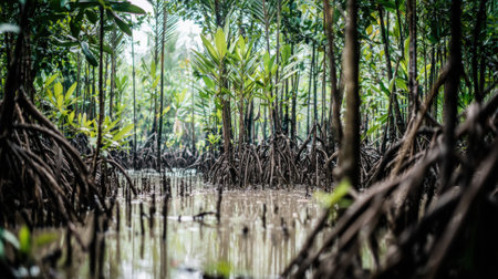A captivating shot from a low perspective showing the complex root system of a mangrove forest. The still water reflects the dense green foliage of this vital ecosystem.の素材