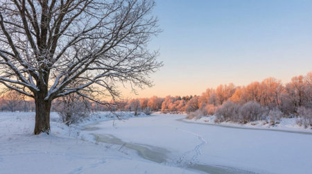 A serene winter landscape featuring a large bare tree and a frozen river covered in snow. The morning sun casts a beautiful pink and orange glow on the distant forest.の素材