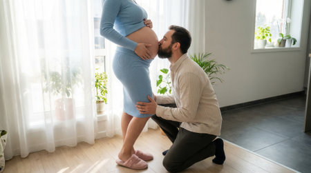A beautiful tender moment of an expecting couple. A bearded man kneels to affectionately kiss his pregnant wifes baby bump in their sunlit home.の素材