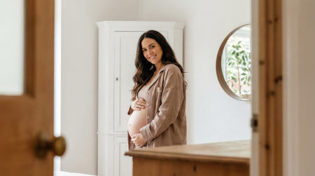 A beautiful expectant mother with long dark hair smiles warmly while standing in a sunlit hallway, gently holding her pregnant belly. A portrait of serene motherhood at home.の素材