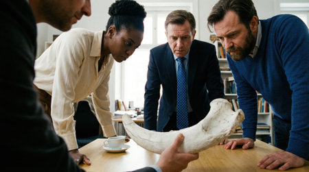 A multicultural group of colleagues in business attire gathered around a table, focused on analyzing a large, white tusk, possibly an antique or scientific specimen.の素材