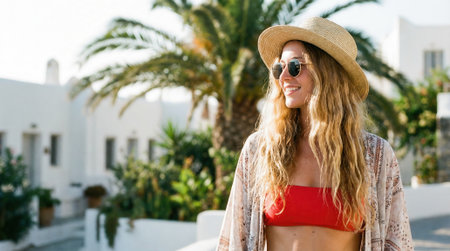 A beautiful smiling young woman with long blonde hair wearing sunglasses and a bikini top enjoys a warm sunny day on holiday, with white buildings and palm trees in the background.の素材