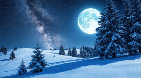 A stunning winter landscape at night, featuring a large, glowing full moon and the Milky Way galaxy above snow-covered hills and evergreen trees.の素材
