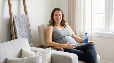 A cheerful expectant mother sits in a light-filled living room, holding her baby bump and a bottle of water. She is looking at the camera with a warm smile.の素材