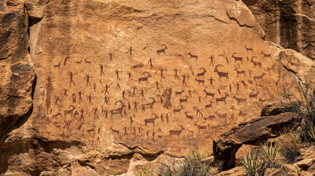 A close up view of ancient petroglyphs showing dozens of bighorn sheep carved into a sandstone cliff in the American Southwest desert.の素材