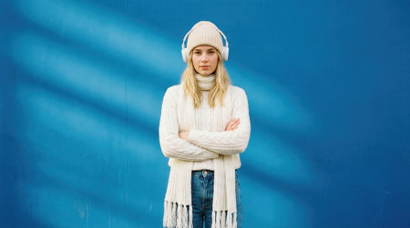 A portrait of a stylish young woman wearing a white sweater, scarf, and beanie with headphones. She has a serious expression and crossed arms, isolated on a blue studio background.の素材