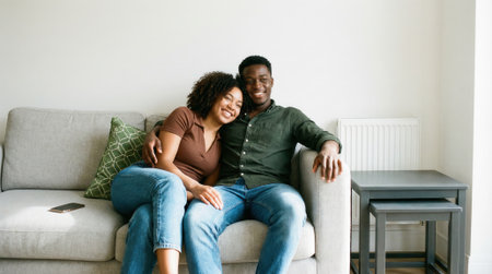 Cheerful young Black couple in casual clothes smiling and embracing on a sofa in their modern living room. They are looking happily at the camera.の素材