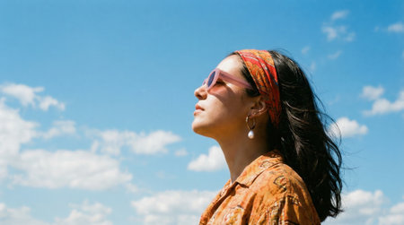Low angle profile view of a hopeful young woman enjoying a sunny day. She wears retro sunglasses and a headband, gazing up at a beautiful blue sky with fluffy white clouds.の素材