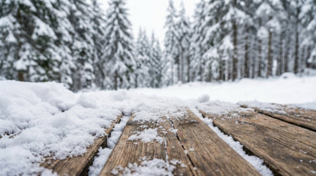 Close up of a snow-covered rustic wooden surface with a beautiful blurred background of a winter pine forest. Perfect for product placement or winter holiday themes.の素材