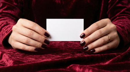 Close up of female hands with elegant dark nail polish holding a blank white paper card. Mockup concept on a rich red velvet background for adding text or design.の素材