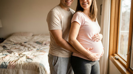 A smiling man lovingly hugs his pregnant wife from behind as they stand together in a cozy, sunlit bedroom, both gently holding her baby bump.の素材