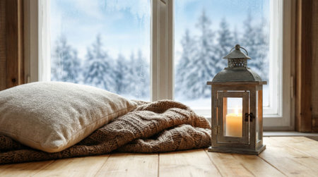 A tranquil and cozy winter setting featuring a glowing lantern, a warm blanket, and a pillow on a wooden sill, with a view of a snow-covered pine forest through the window.の素材