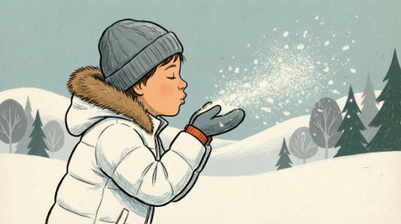 A charming cartoon of a child wearing a beanie and puffer jacket, playfully blowing a handful of snow into the air against a backdrop of a winter forest scene.の素材
