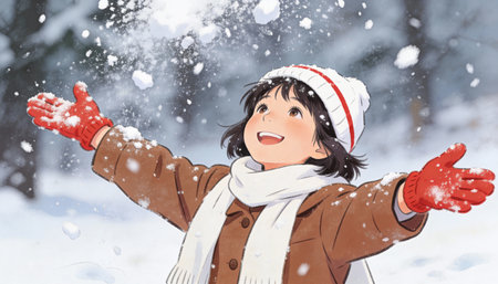 An illustration of a happy young girl in a brown coat and red gloves looking up at falling snow with a smile. The background is a soft focus winter landscape.の素材