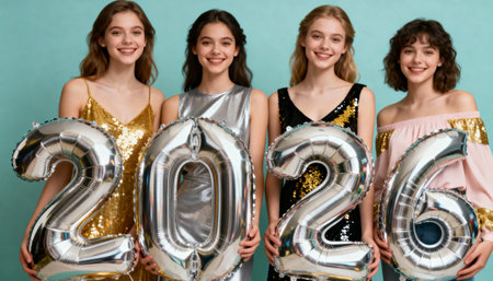 Group of cheerful female friends in party outfits holding 2026 number balloons for a New Year celebration against a blue background.の素材