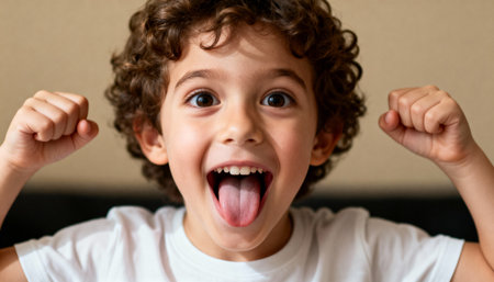 Close up of a cute kid with big brown eyes and curly hair making a silly face. He is sticking his tongue out and has his fists up, looking energetic and happy.の素材