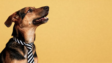 A charming brown and black dog dressed in a professional black and white striped necktie, looking up against a solid yellow background with copy space.の素材